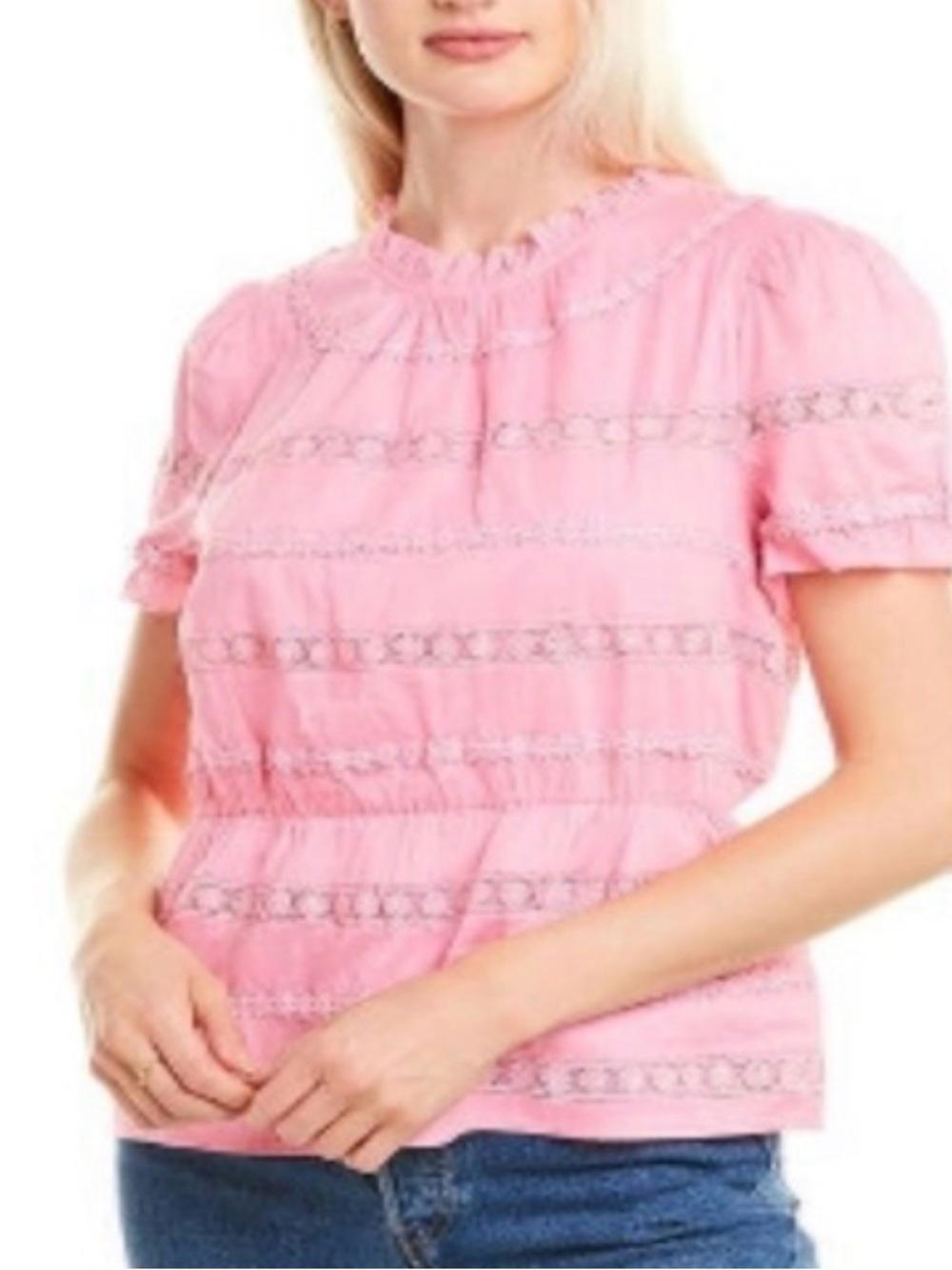 J. Crew Pink Lace-Trim Puff Sleeve Blouse
